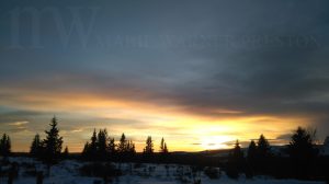 sunset, tree silhouettes, mountain