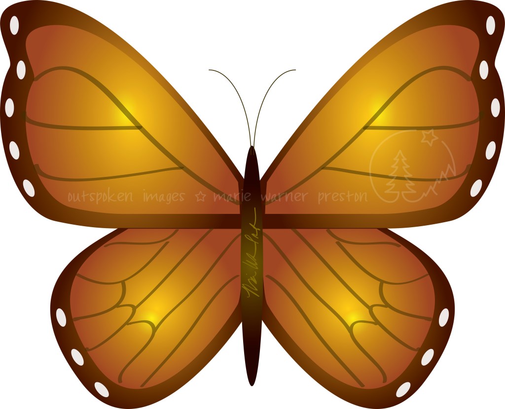 Orange and brown monarch butterfly with white spots on the with tips. ©2018 Outspoken Images by Marie Warner Preston