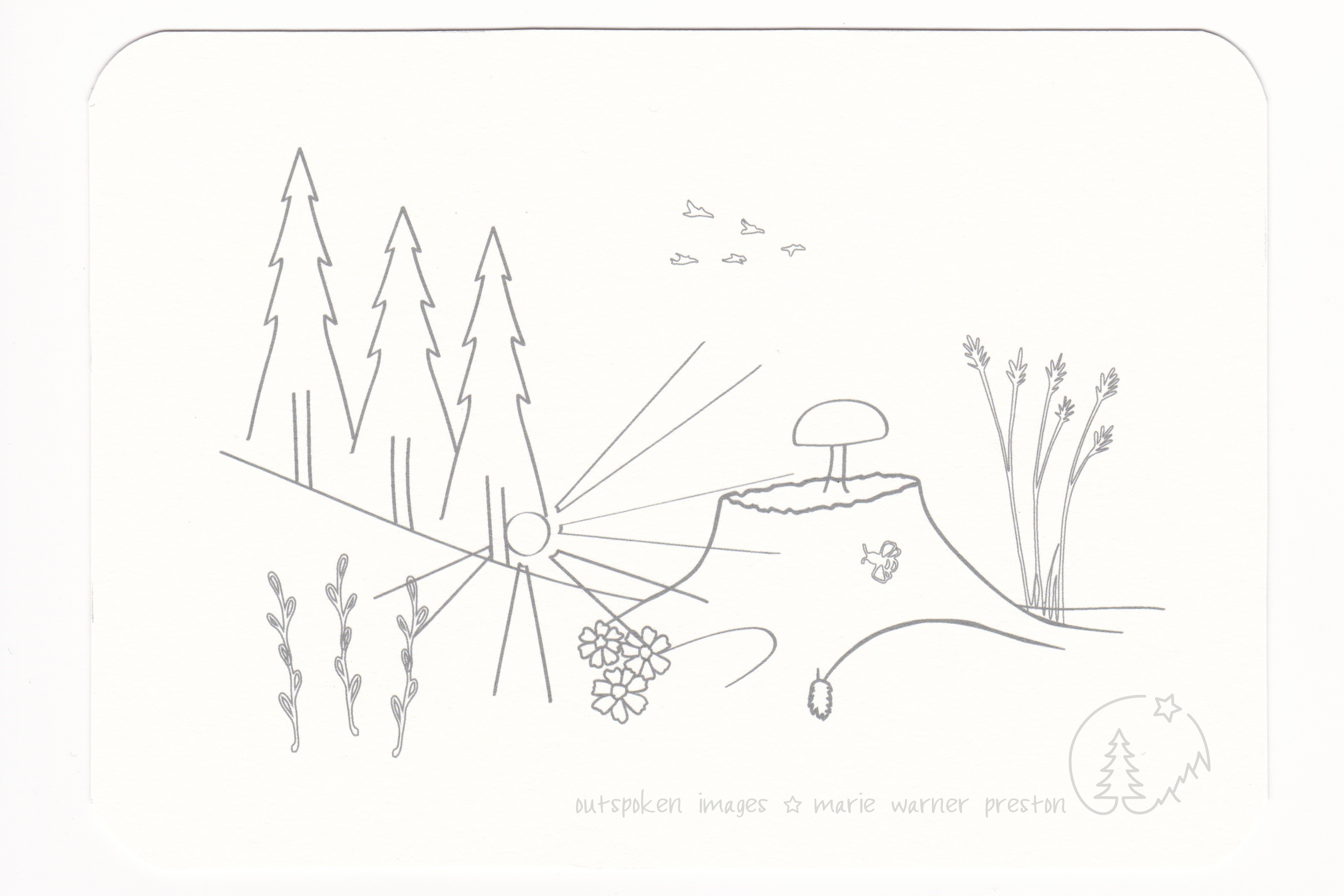 Forest scene outline: Sunrays through evergreen trees and blueberries. Tree stump with mushroom, flowers, tall grass. Birds and bee. ©2021 Outspoken Images by Marie Warner Preston