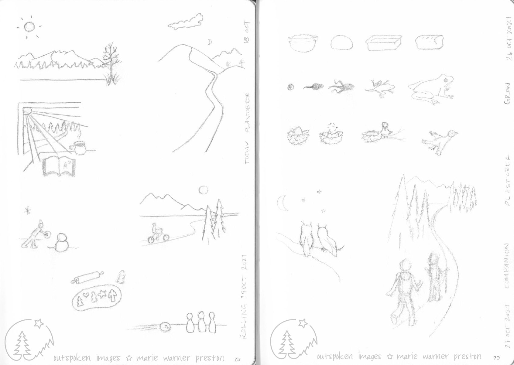Plastober drawings for the prompts Today, Rolling, Grow, and Companion ©2021 Outspoken Images by Marie Warner Preston
