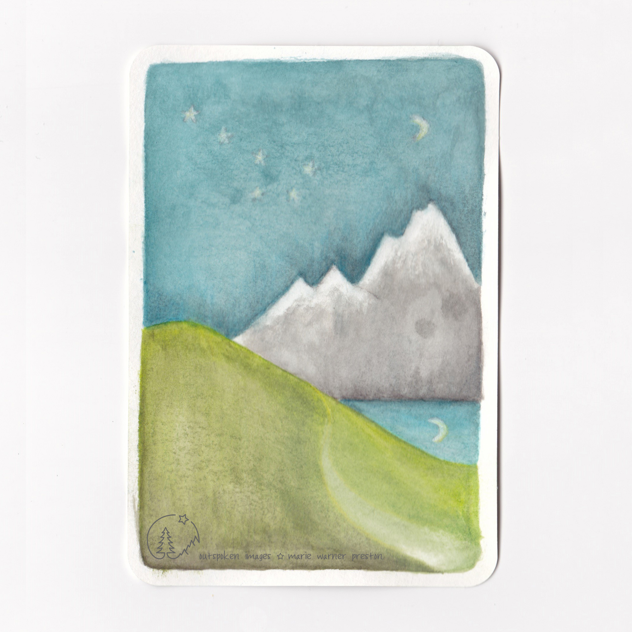 Find, a watercolour painting: White star constellation Ursa Major with moon sliver in blue sky above grey mountains. Moon reflected in blue water behind a green path on a green hill. ©2021 Outspoken Images by Marie Warner Preston