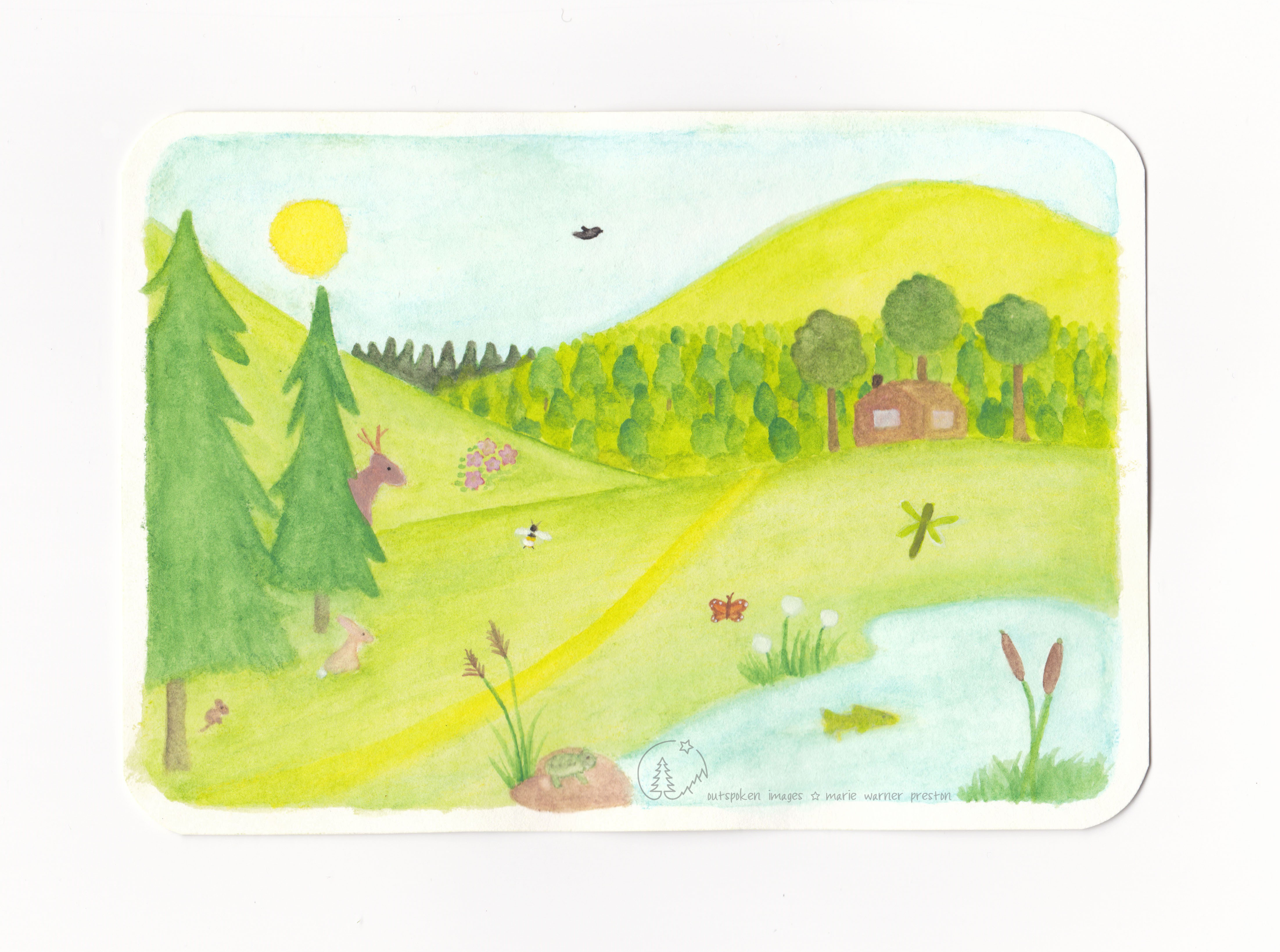 Satisfaction of Sacrifice. Watercolour painting: Outdoor scene with pond life, woodland animals and plants, house amongst trees, bird in sky above mountains. ©2021 Outspoken Images by Marie Warner Preston