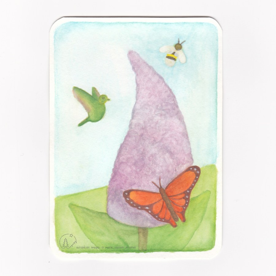 Creature Comfort: watercolour painting with purple syringa flower, green hummingbird, orange butterfly, yellow & black bee, green leaves ©2021 Outspoken Images by Marie Warner Preston