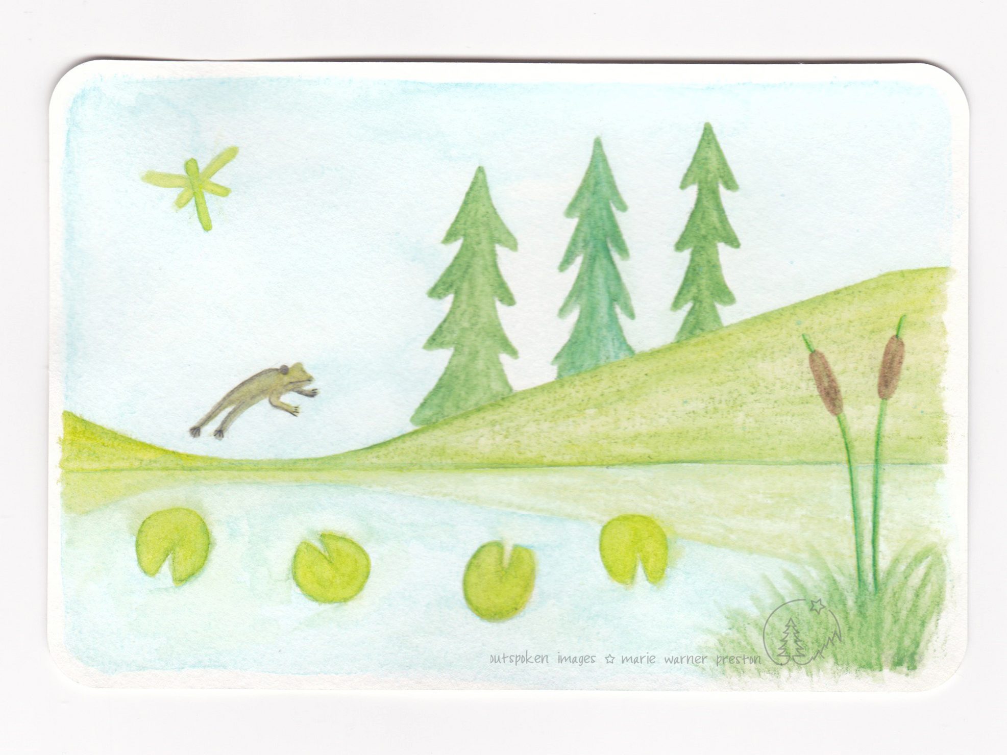 Green Game, a watercolour painting. Green frog, lilypads, cat-tails, fir trees, dragonfly and hill against blue sky and water ©2021 Outspoken Images by Marie Warner Preston