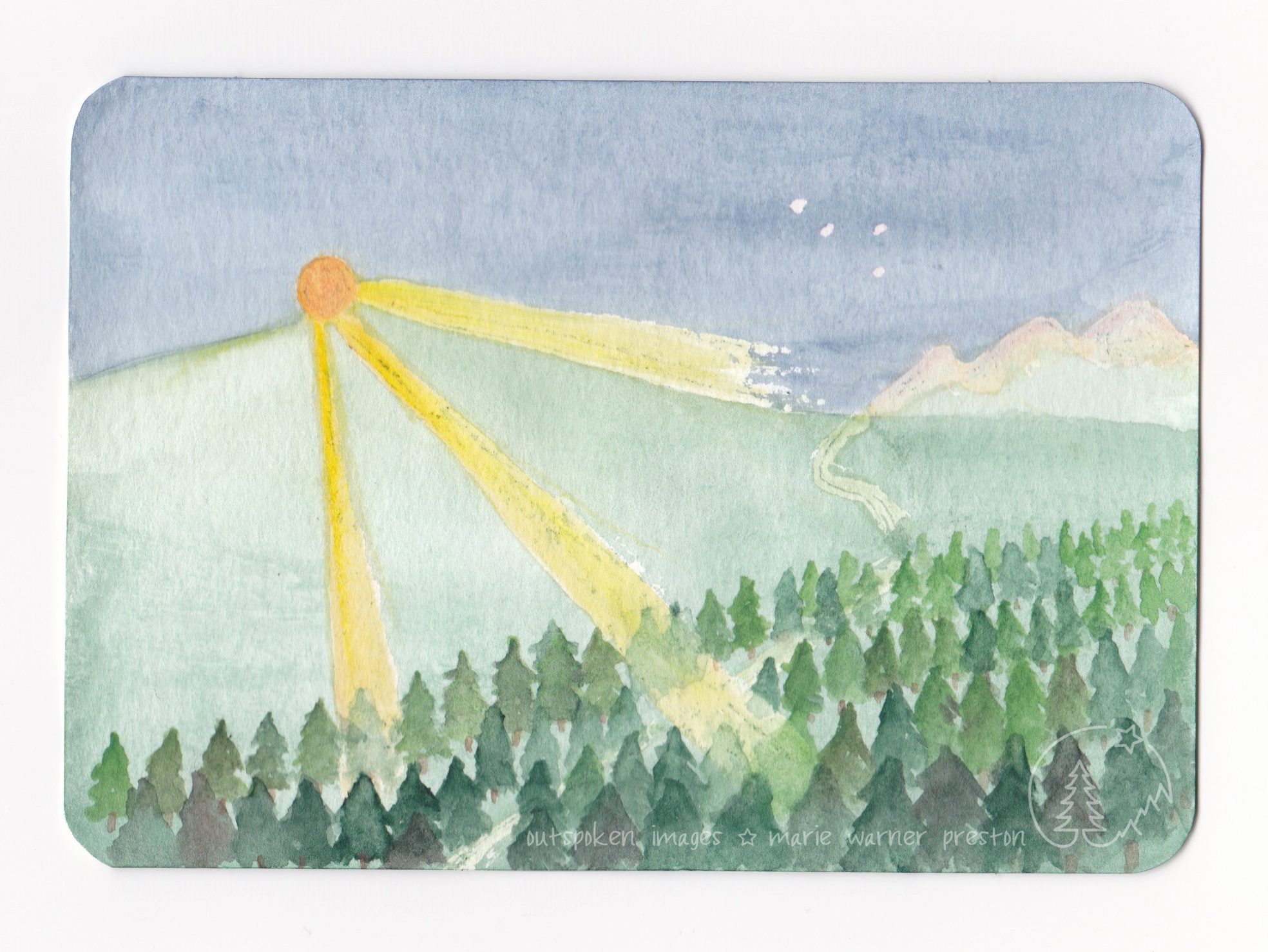 Blue sky with white stars; orange and yellow sunrays over green hills and white mountains (tinged with pink); path through evergreen forest. Watercolour painting ©2022 Outspoken Images by Marie Warner Preston