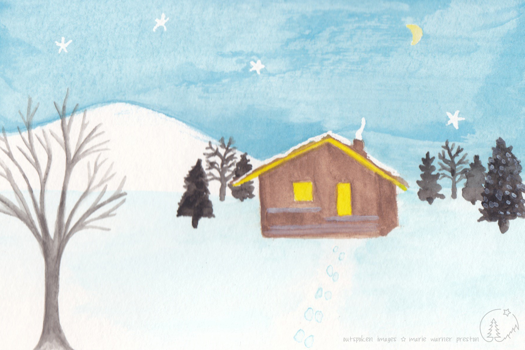 Brown and yellow cabin against white snow and mountain with tree silhouettes. Blue sky with white stars and yellow crescent moon. ©2021 Outspoken Images by Marie Warner Preston