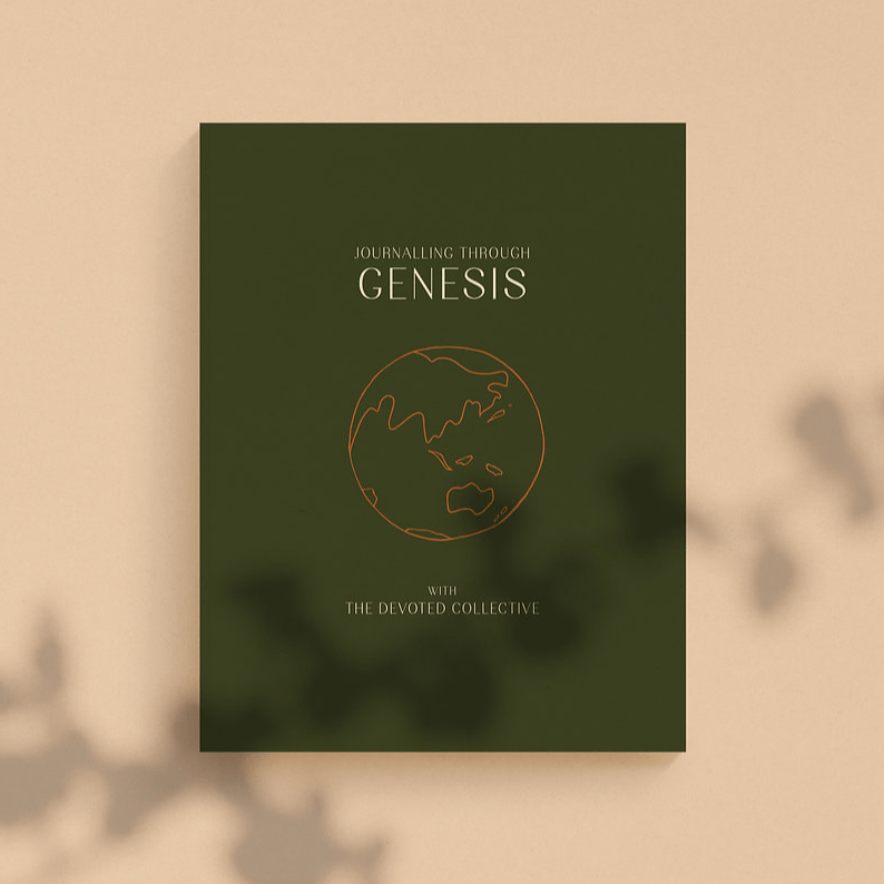 Green book cover: Journalling Through Genesis with The Devoted Collective. Orange ink drawing of globe by Marie Warner Preston