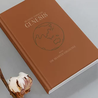 Orange book cover: Reading Through Genesis with The Devoted Collective. Ink drawing of globe by Marie Warner Preston