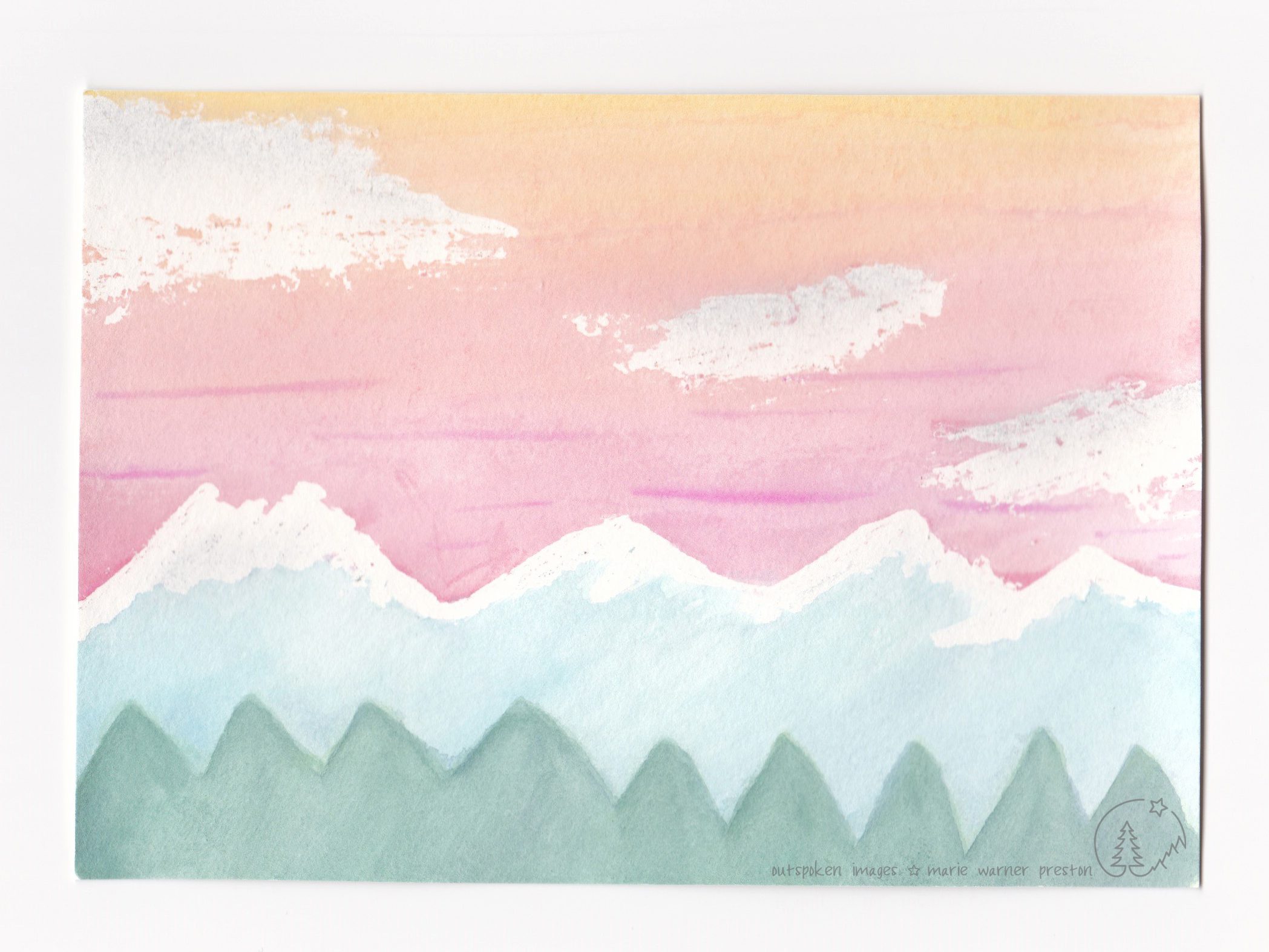 Watercolour painting: White and grey clouds in pink sunset sky. White and blue mountains above green tree-tops. ©2022 Marie Warner Preston / Outspoken Images