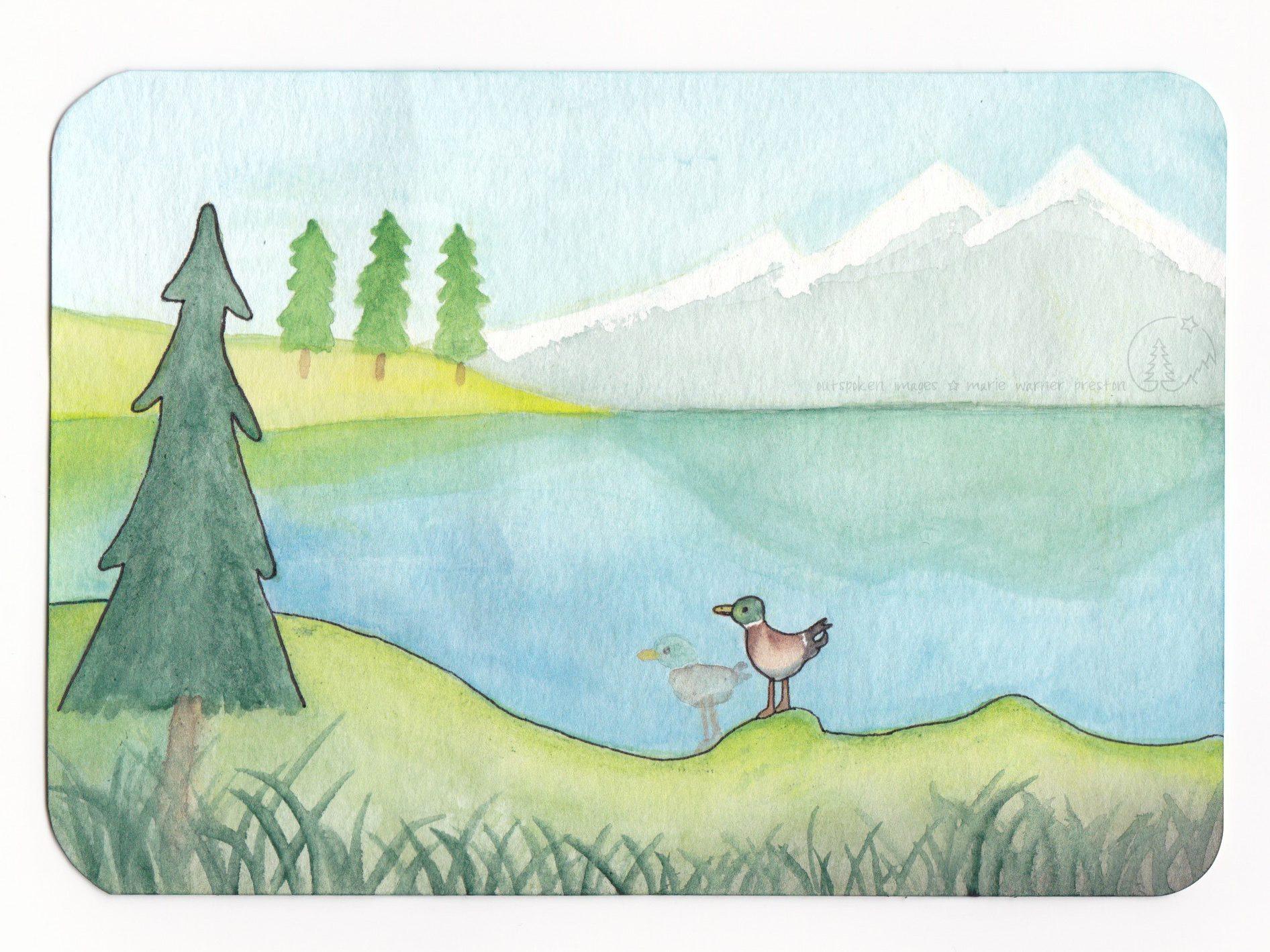 Watercolour painting: Duck standing on green shoreline, reflected in blue water. Green coniferous trees to the left. Mountains reflected on water to the right. ©2022 Marie Warner Preston / Outspoken Images