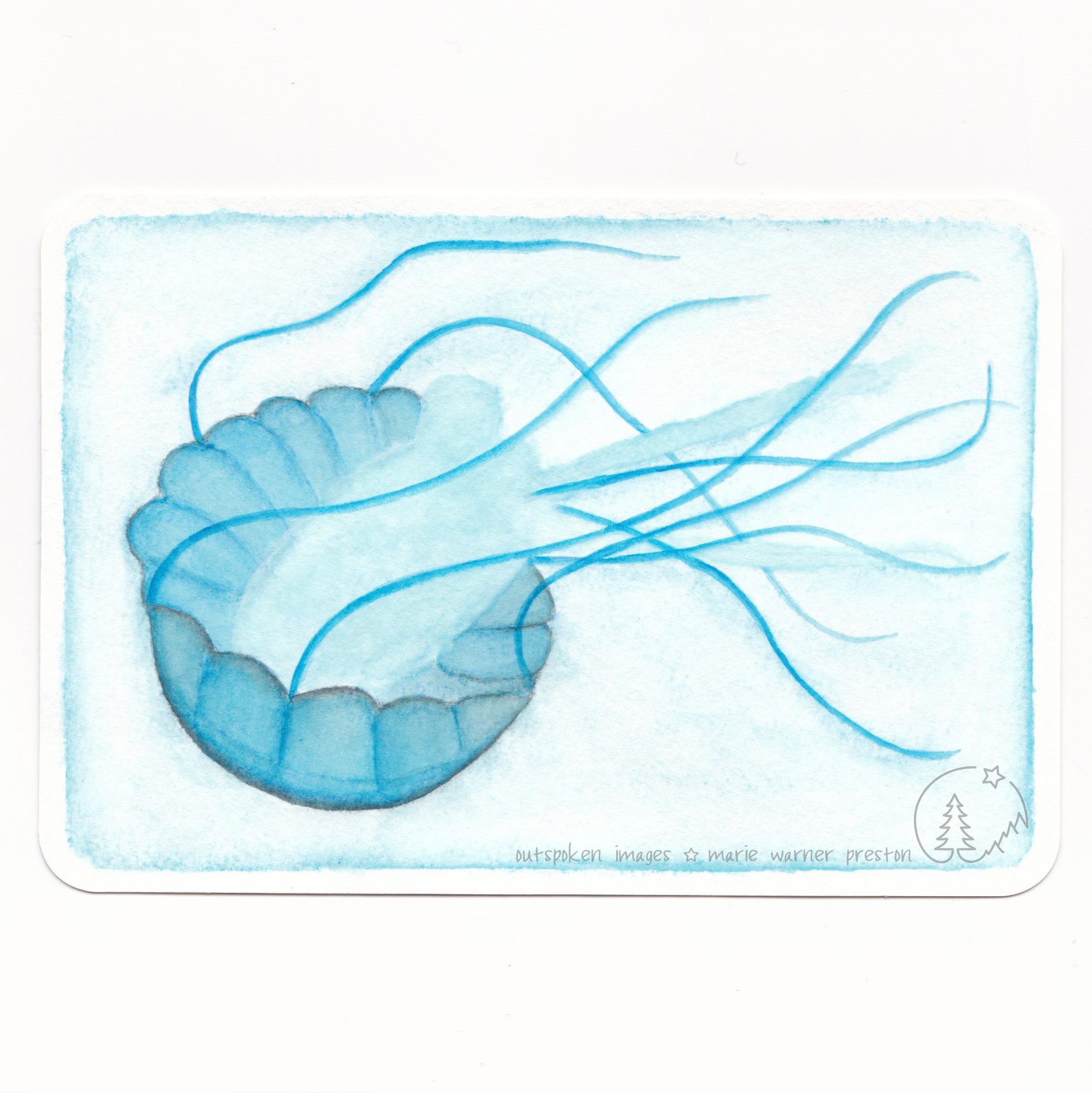 Watercolour painting: blue jellyfish on blue background ©2021 Marie Warner Preston