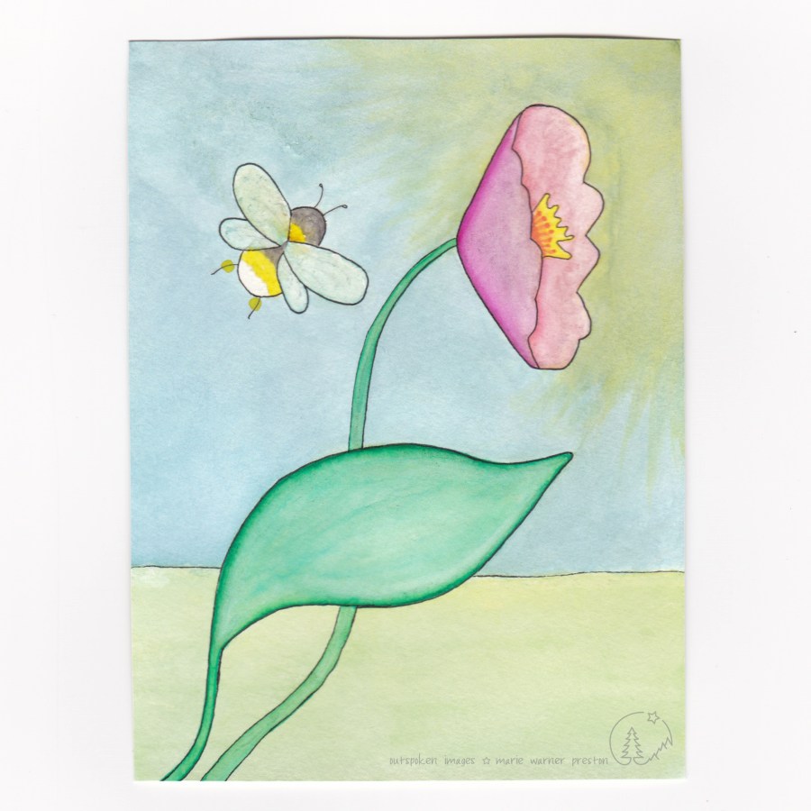Watercolour & ink: Yellow/white/black bee in flight against toward pink and yellow flower. Blue sky and yellow sunshine. Green stem with green leaf and green background. ©2022 Marie Warner Preston / Outspoken Images