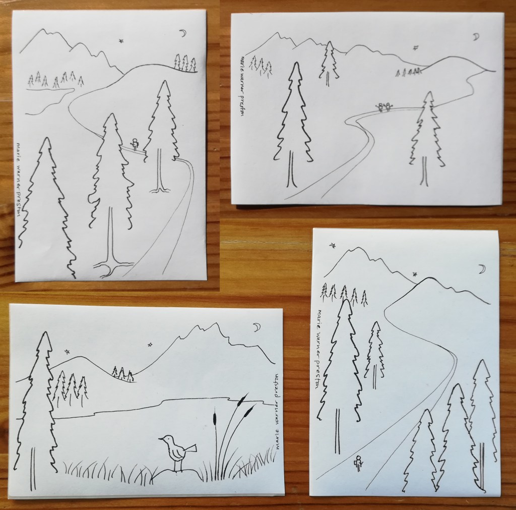 Four black ink illustrations: Mountain landscapes in Norway Norway landscapes (ink drawings) ©2022 Marie Preston
