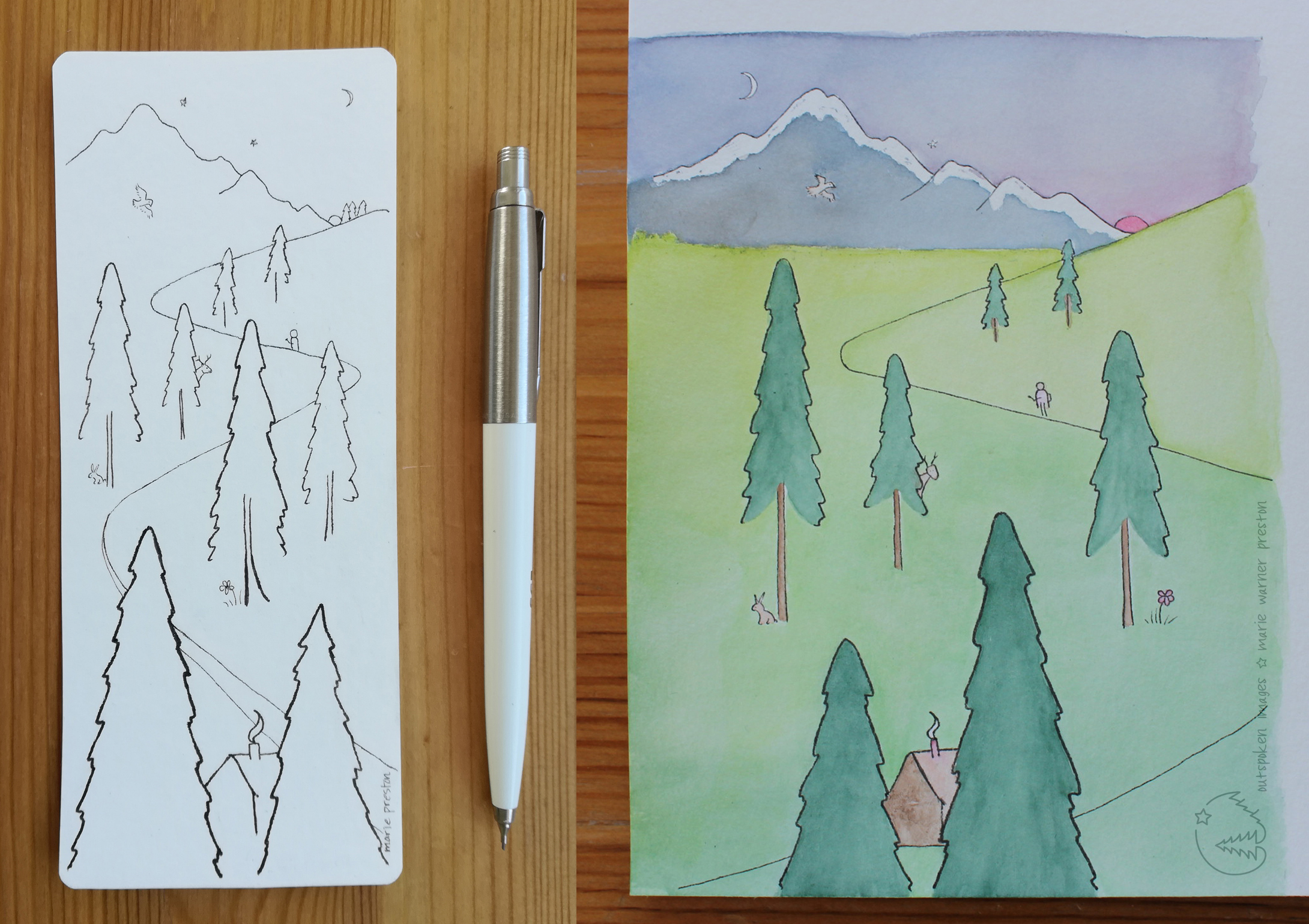 Two illustrations of winding trail leading up from cabin through conifer trees to mountains and sunset with moon and star in sky: watercolour (left) and ink (right) ©2022 Marie Warner Preston / Outspoken Images