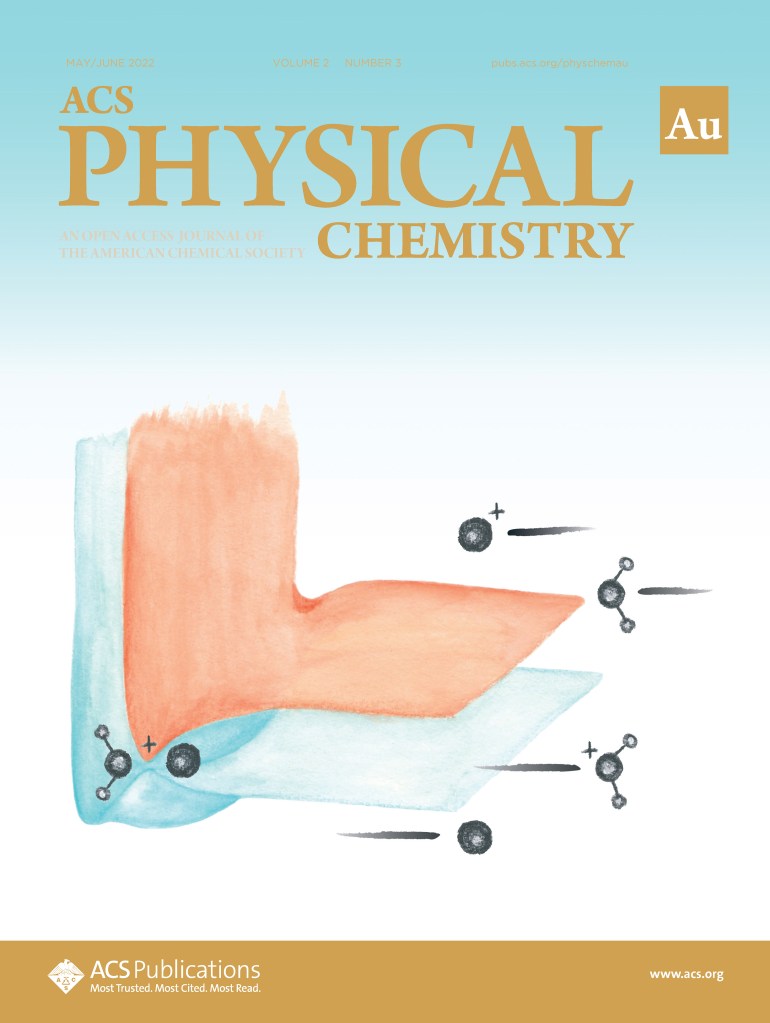 ACS Physical Chemistry Au journal cover: Journal cover artwork featuring orange (upper) and blue (lower) potential energy surfaces, with the progress of an ion-molecule reaction shown using stick-and-ball drawings superimposed on the potential energy surfaces. ©2021 Marie Preston
