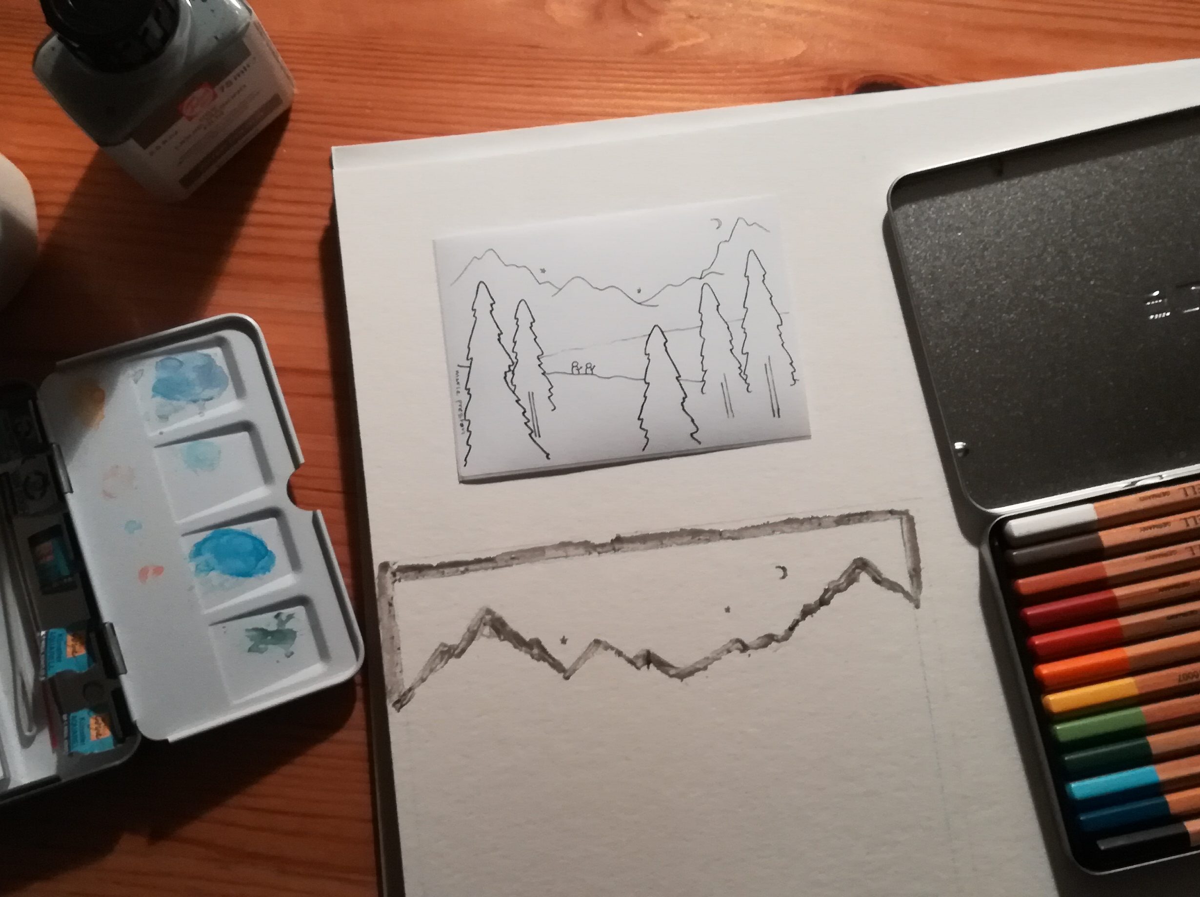 Blue on Blue: Getting started. Pen drawing, masking fluid outlines, paint, pencils