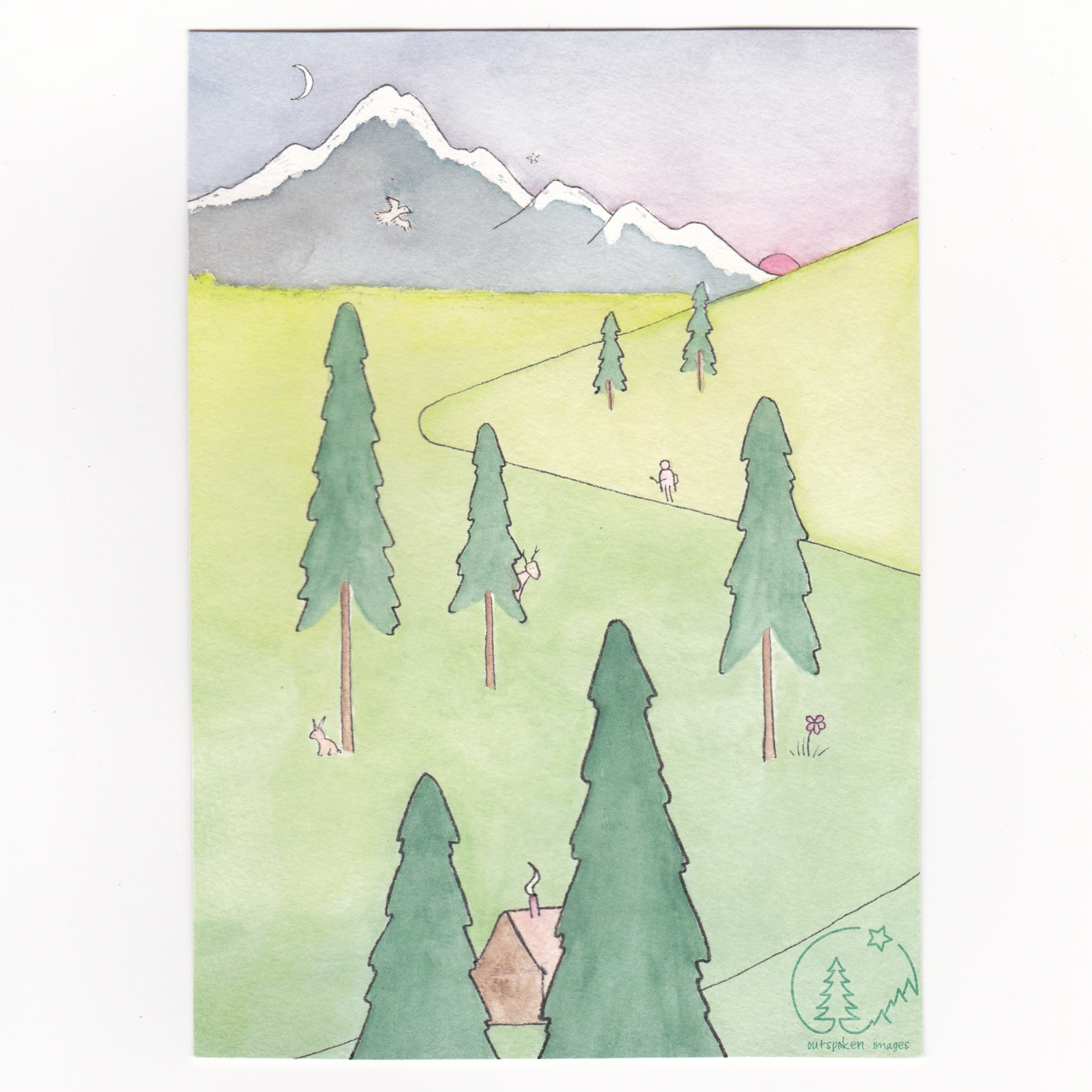 Watercolour painting: Winding trail leading up from brown cabin through green conifer trees to blue mountains and pink sunset with white moon and star in sky ©2022 Marie Warner Preston / Outspoken Images