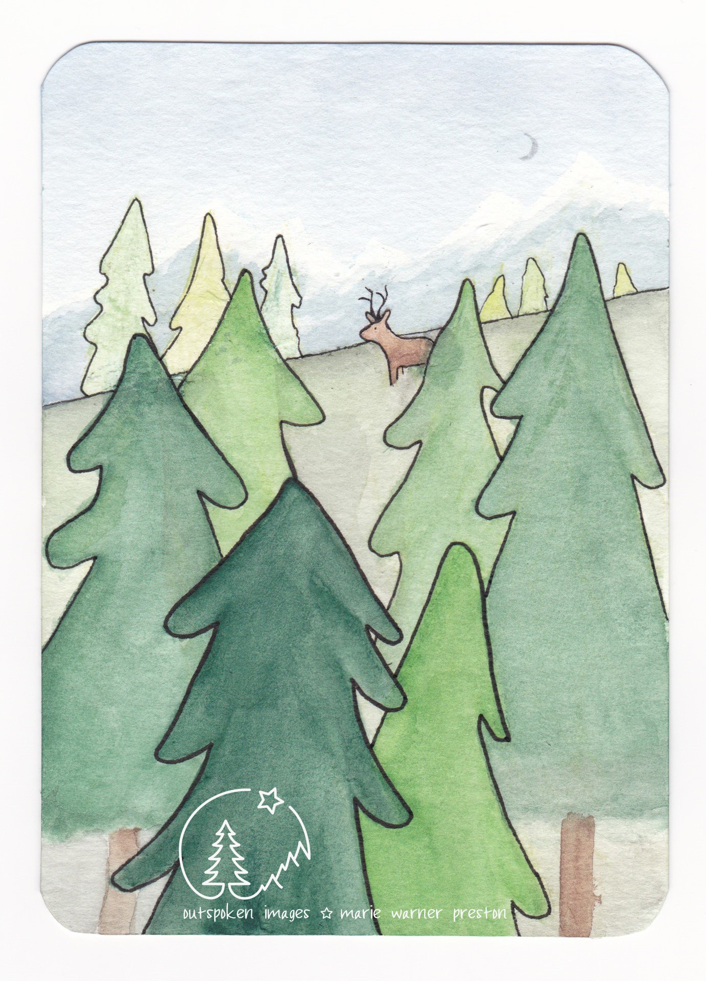 Serenity v1: Watercolour painting of moose standing among trees with mountains and moon behind©2022 Marie Preston