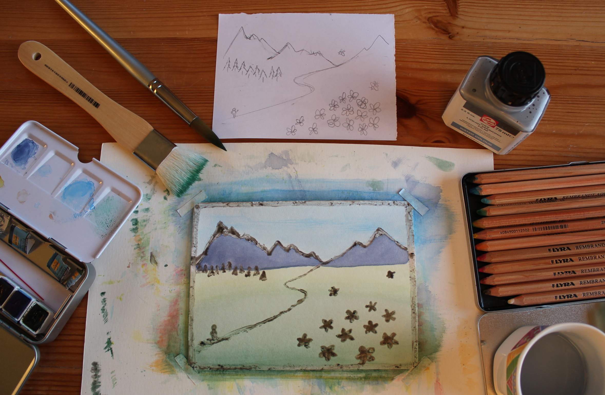 Midnight Sun (watercolour painting) Purple mountains, green grass. Grey outlines of mountain tops, path, person, flowers, bees. ©2022 Marie Preston