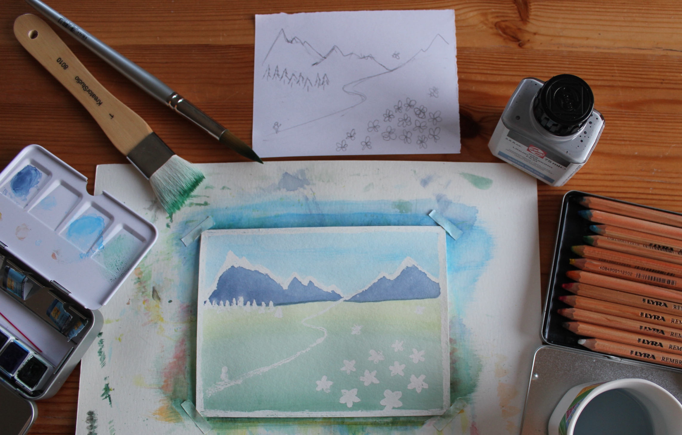 Midnight Sun (watercolour painting) Purple mountains with white peaks, white spaces for flowers, path, and trees. ©2022 Marie Preston