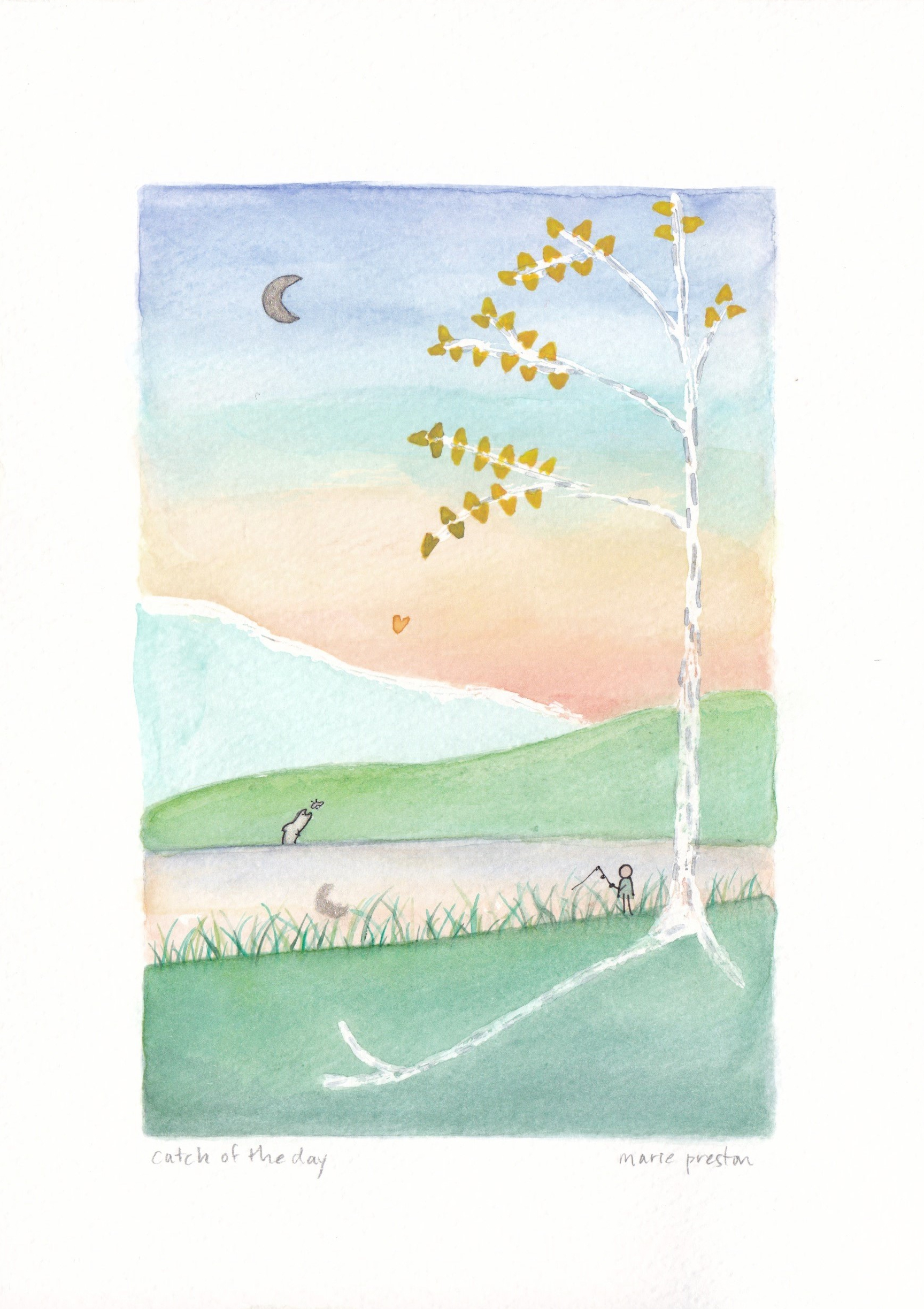 Watercolour painting by Marie Preston titled Catch of the Day: White birch tree with yellow leaves; moon and sunset reflected in water; fish catching a fly; person fishing; green grass and hills