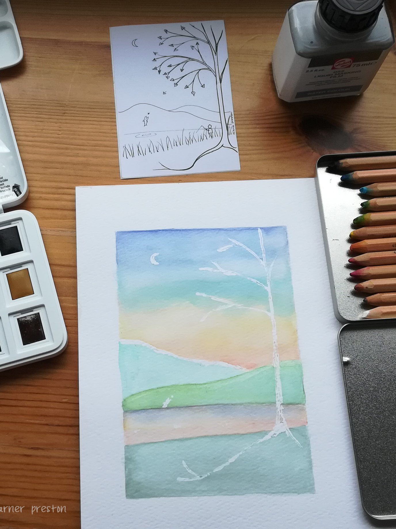 Watercolour painting: White birch tree; moon and sunset reflected in water; white fish outline; green grass and hills. ©2022 Marie Preston