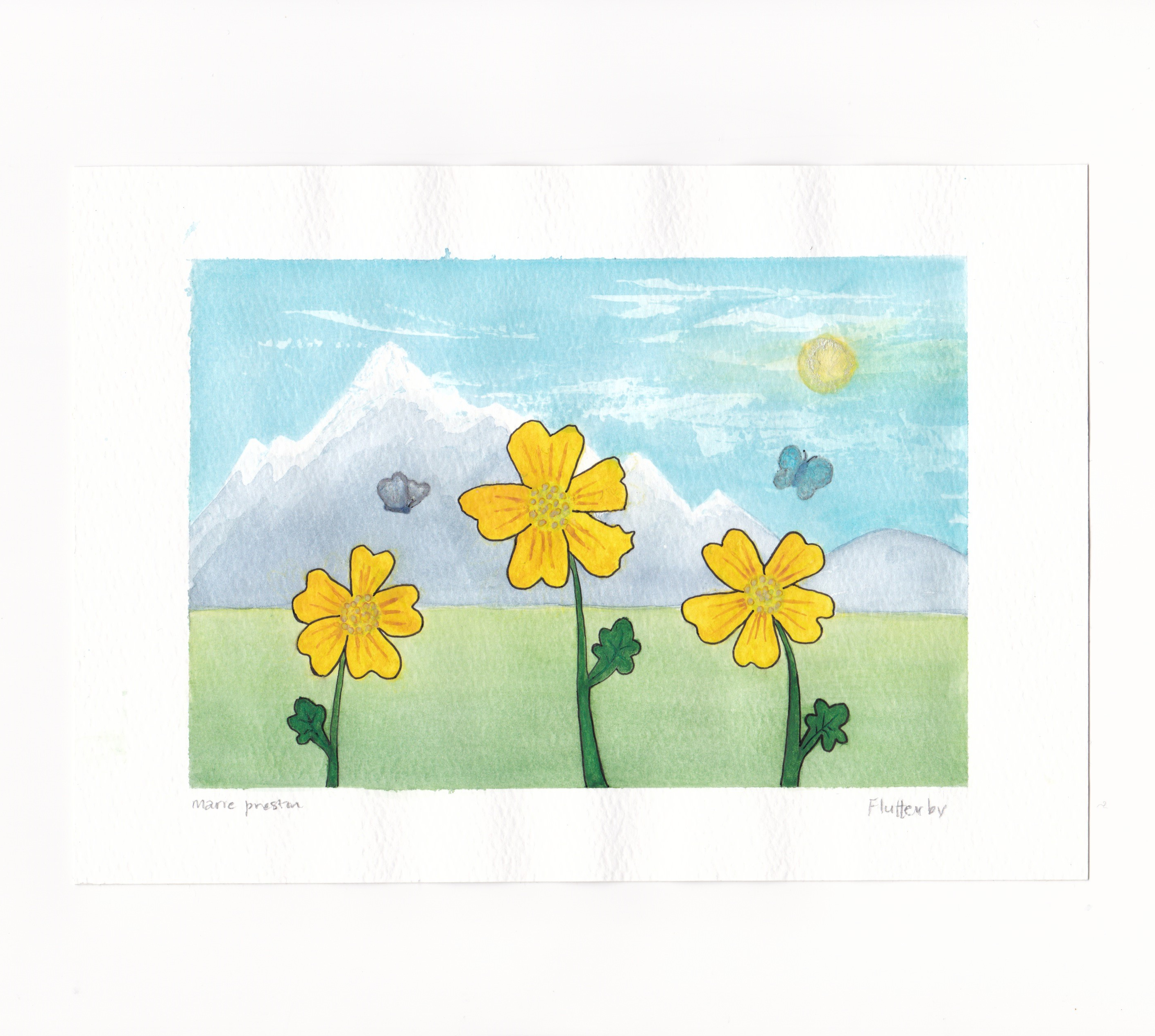 Watercolour painting: Yellow buttercup flowers (ranunculus) with mountains, butterflies, and sun in background ©2022 Marie Preston