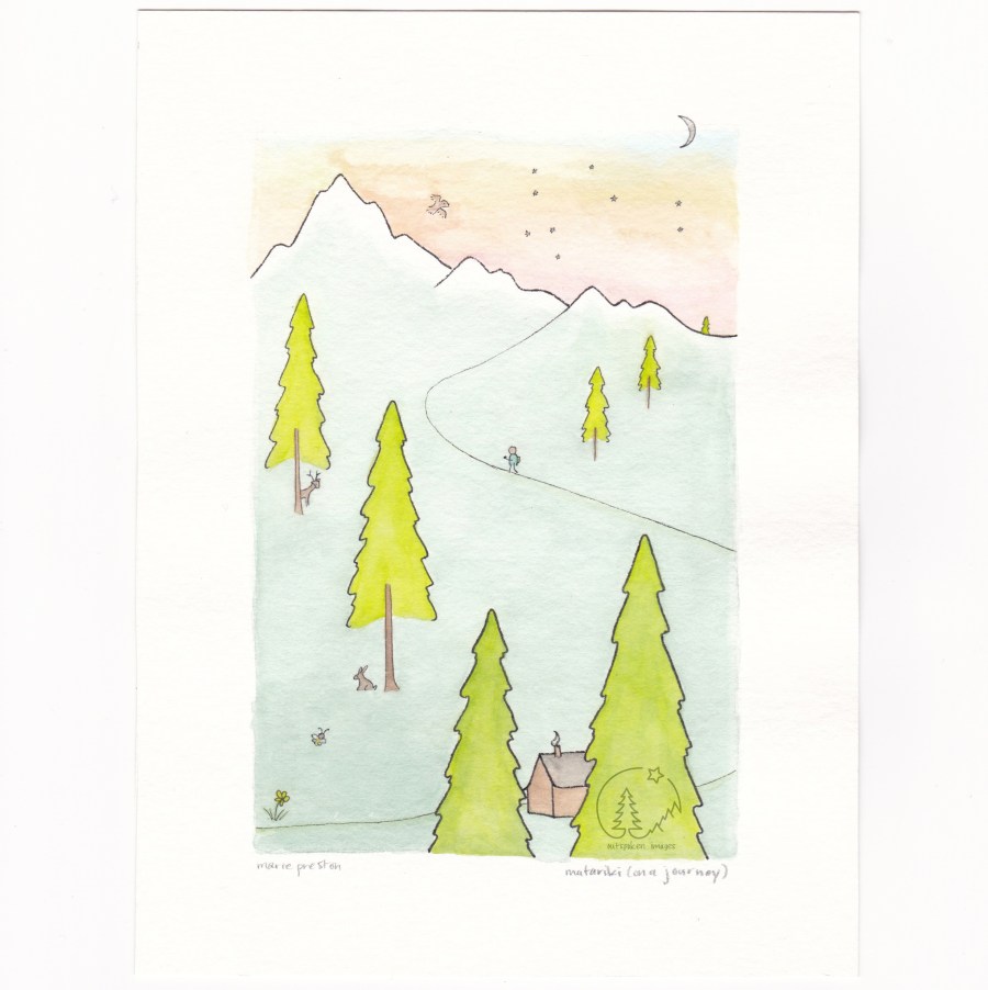 Watercolour painting by Marie Preston: Sunset with Matariki star constellation, moon, owl over mountains. flower, trees, cabin, bee, hare, moose, person on path.