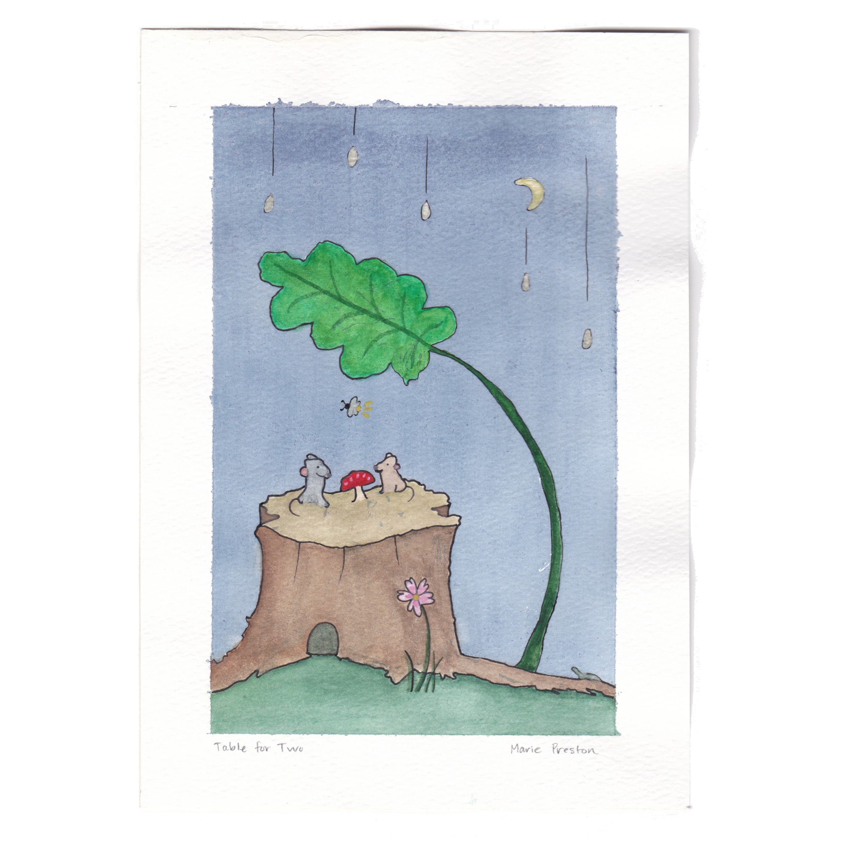 Table for Two; Watercolour and ink illustration. Two mice on a tree stump under a leaf while rain falls at night. ©2022 by Marie Preston / Outspoken Images.