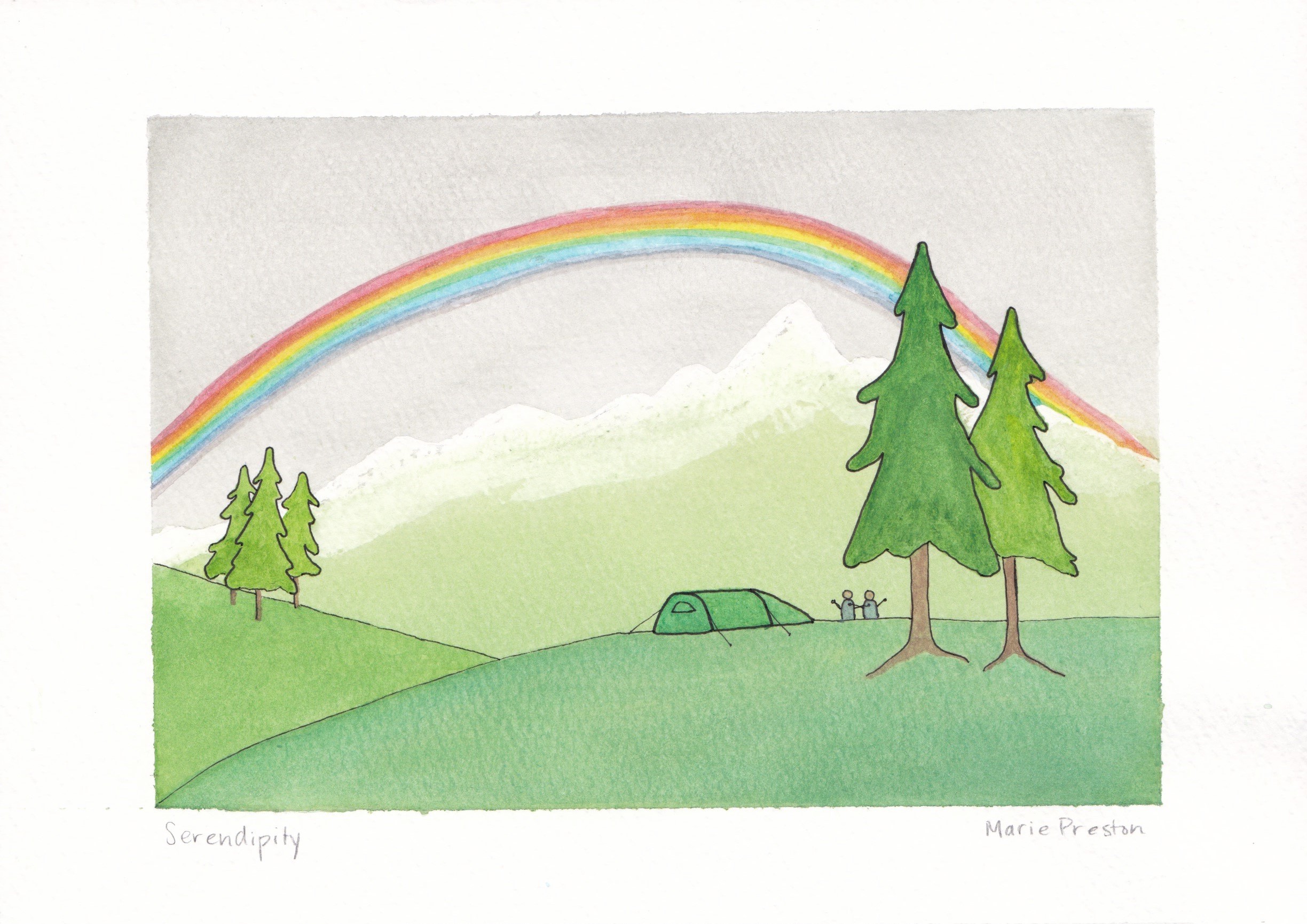 Watercolour painting: Rainbow over mountains with tent, trees, and people in foreground ©2022 Marie Preston