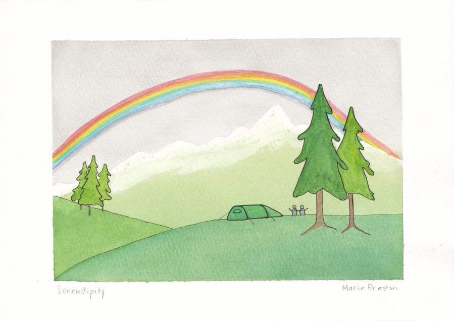 Watercolour painting: Rainbow over mountains with tent, trees, and people in foreground ©2022 Marie Preston
