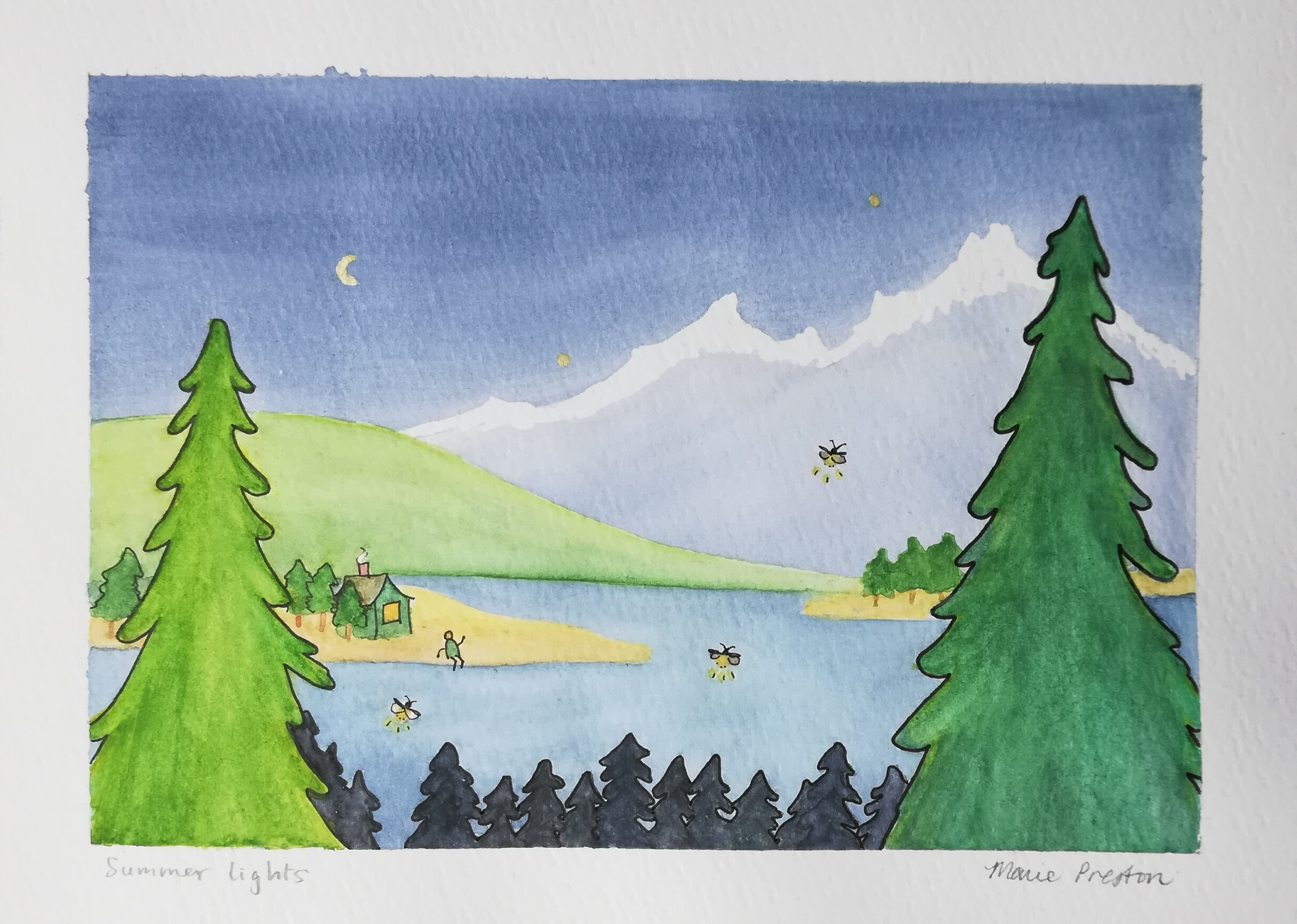 Watercolour painting: Watercolour illustration: Green / black coniferous trees, fireflies, cabin and person on island, water, mountains, moon, and stars. ©2022 Marie Preston (Outspoken Images)