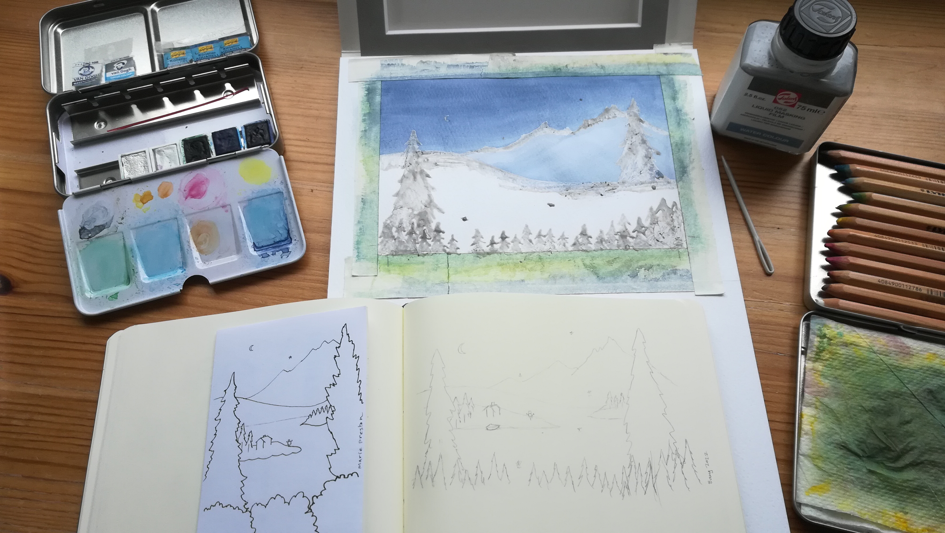 Pencil, pen, and watercolour illustrations: Coniferous trees, fireflies, cabin and person on island, water, mountains, moon, and stars. ©2022 Marie Preston