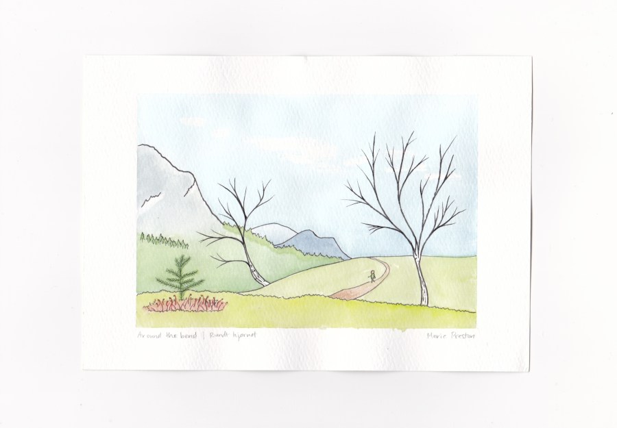 Watercolour painting: Small green fir sapling with red shrub, leafless birch trees, person on path toward blue and grey mountains. Title: Around the Bend by Marie Preston