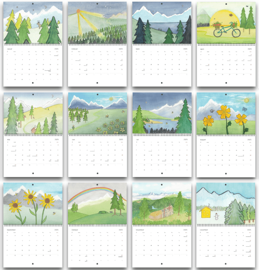 Illustrations for 12-month wall calendar (trees, mountains, flowers) ©2022 Marie Preston