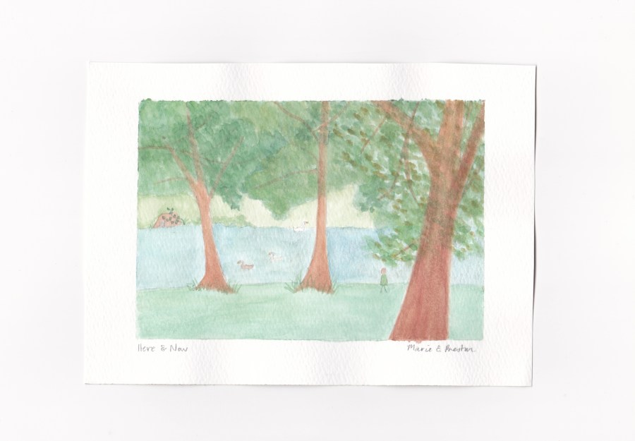 Watercolour painting titled 'Here and Now': Ducks and geese swimming on blue pond, brown tree trunks with green leaves, person walking. ©2022 Marie E Preston