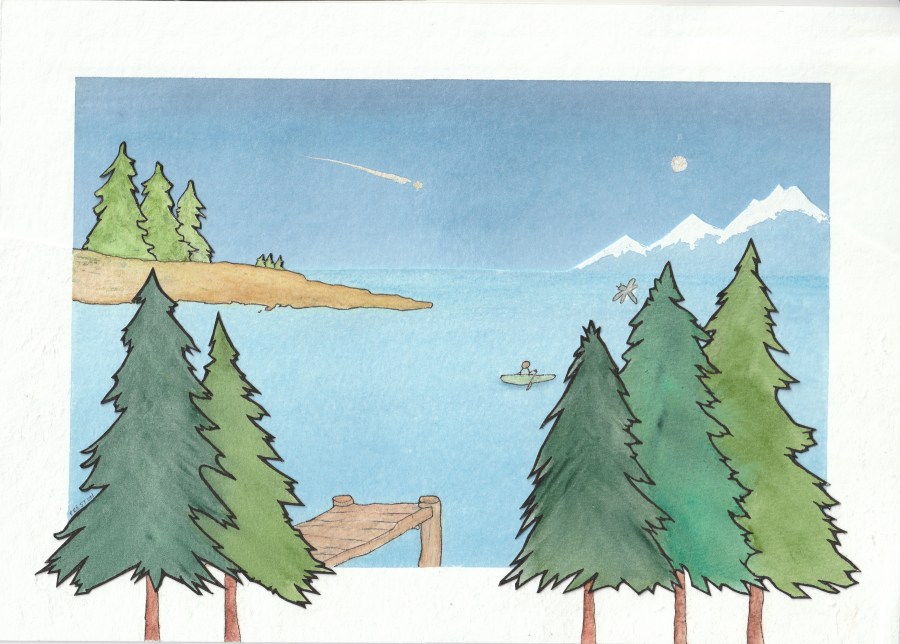 Fir trees, dock, kayaker, dragonfly, rocky coast with trees, mountains, moon, shooting star; watercolour and ink painting by Marie Preston