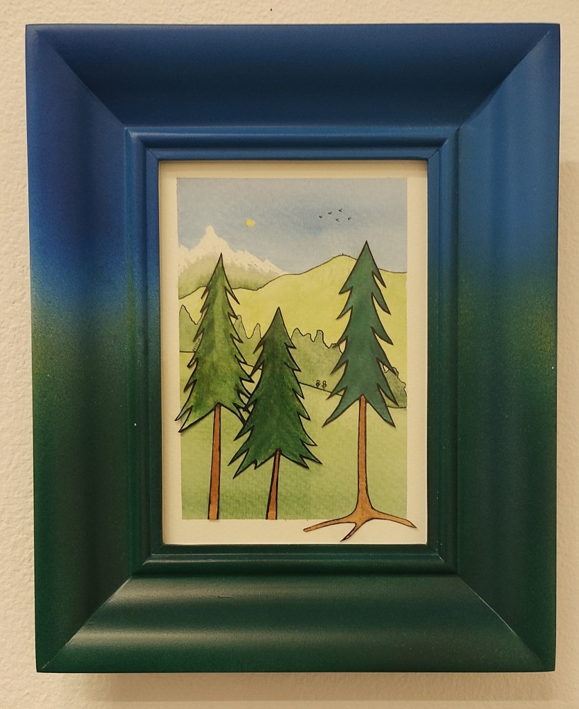 framed watercolour painting of trees, two people, mountains, birds, sun
