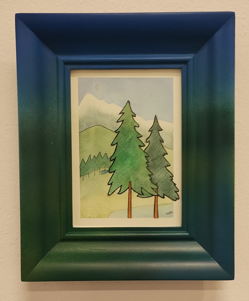 framed watercolour painting of trees, lake, tent, mountains, moon