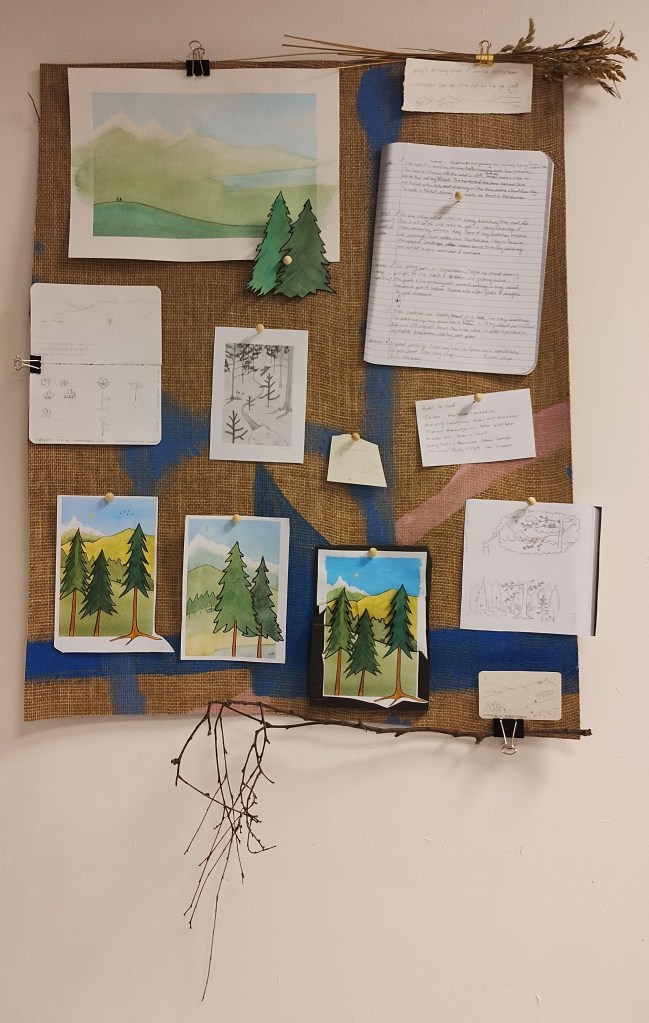 sketches of trees, forest, landscapes and hand-written notes stuck to corkboard