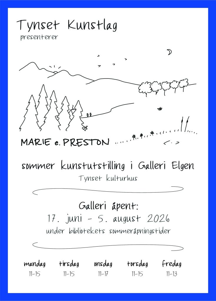 Poster for a summer art exhibition with line drawings of landscape and text for opening times in Norwegian